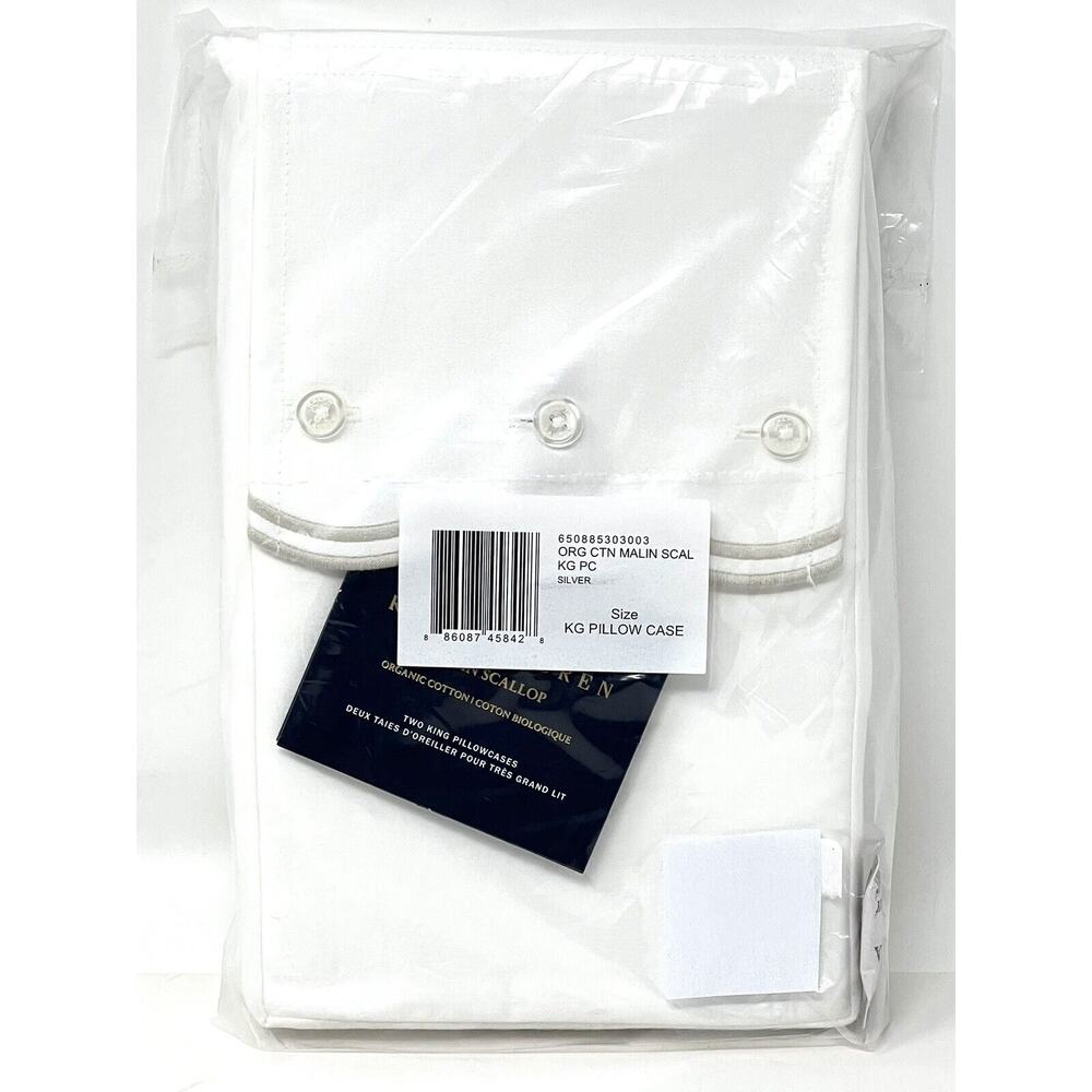 Ralph Lauren Malin Scallop KING PILLOWCASES Silver White Organic Cotton NWT Pair